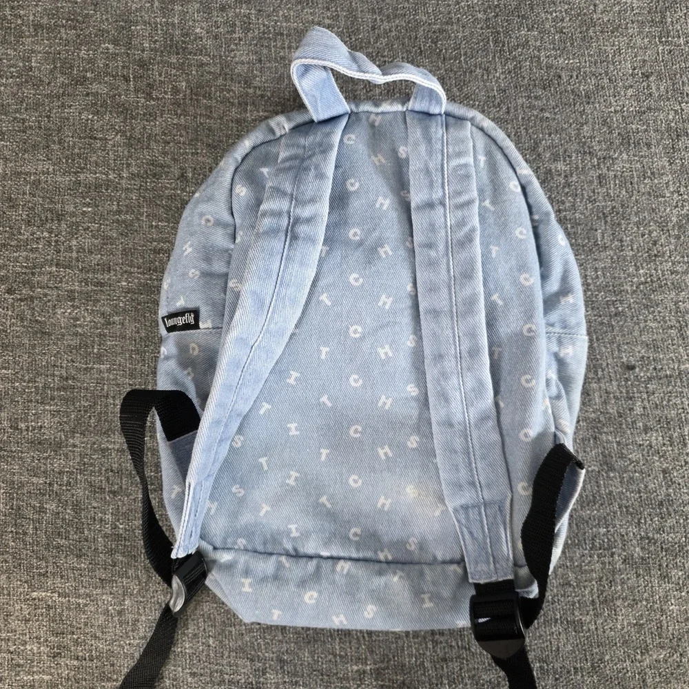 Disney Loungefly Stitch Light Wash Denim Mini Backpack Blue White Letter Print